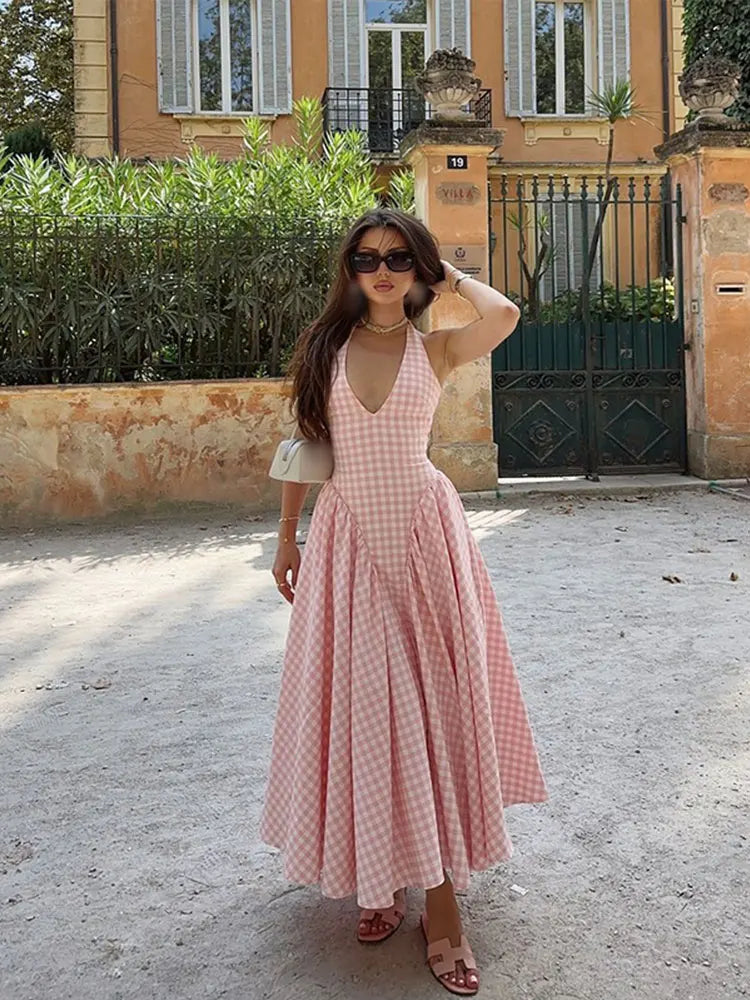 Aiertu  -  Women Pink Plaid Backless V-neck Lace Up Party Dress Sexy Wrap Waiist Strapless Pleated A Line Robe 2026 Vacation Lady Dresses Aiertu