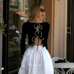 Aiertu  -  Autumn Long Sleeve Slim Tie Front Tops Elegant Long Sleeve Basic Ruffles Blouse Shirts Short Coquette Clothes Aiertu