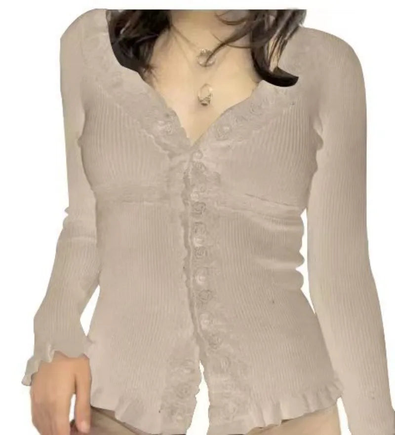 Aiertu  -  French Elegant Patchwork Lace Buttons Women Sweatshirts American Vinateg Popular Slim Knitted Cardigan Y2k Aesthetic Clothes Aiertu