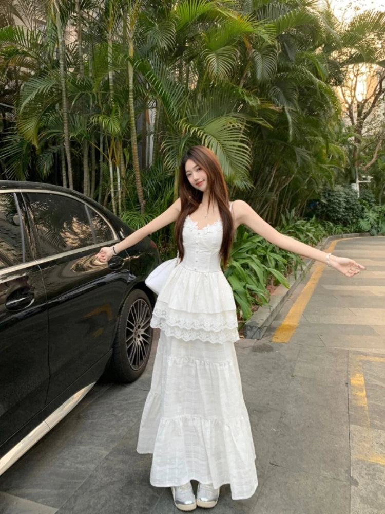 Aiertu  -  White Dress Ladies Temperament Patchwork Lace Two-piece Suit Spring Summer 2025 New Elegant Princess Dress Simplicity Suit Aiertu