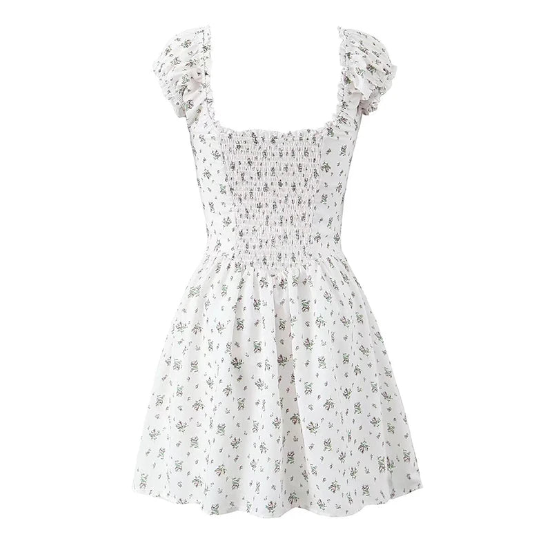 Aiertu  -  Holiday Summer Dresses 2025 Women French Style Floral Print Dress Vintage Short Sleeve V Neck A-line Mini Robe Sundress Aiertu