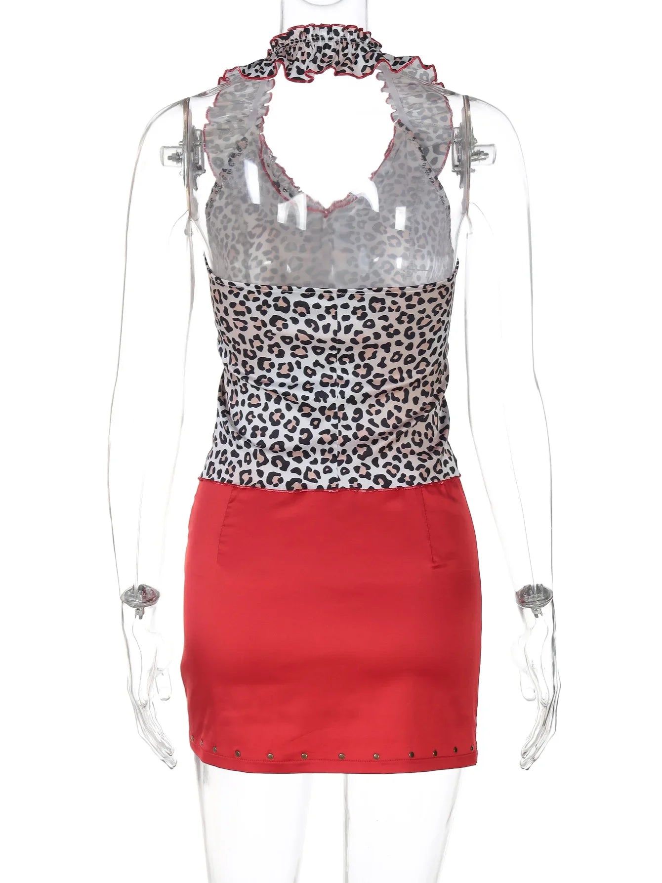 Aiertu  -  Sexy Rhinestones Flower Red Skirts Matching Set Women Leopard Printed Backless Corset Tops and Mini Dresses Suit Party Clubwear Aiertu