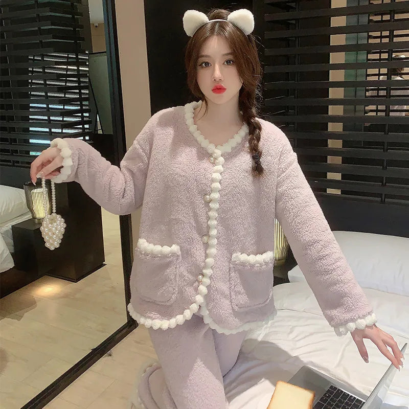 Aiertu  -  Pajama Sets Women Nightwear Stylish Cozy Ins Ladies Sweet Popular Winter Warm Sleepwear Lounge Simple Lovely Harajuku Patchwork Aiertu