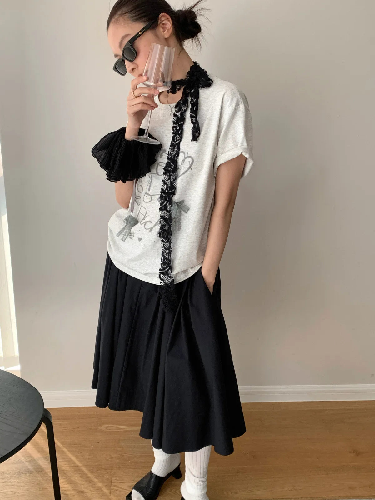 Aiertu  -  Summer new Korean loose letter printing lace bow decoration loose round neck short-sleeved T-shirt Aiertu