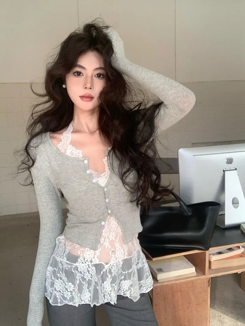 Aiertu  -  Lace bottoming shirt female sweet sexy hot girl perspective lace lace V-neck neck sling stacked inside top Aiertu