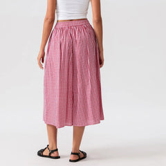 Aiertu  -  Women Summer Plaid Print Capri Culottes Elastic Waistband Wide Leg Loose Side Pocket Casual Pull On Trousers Aiertu