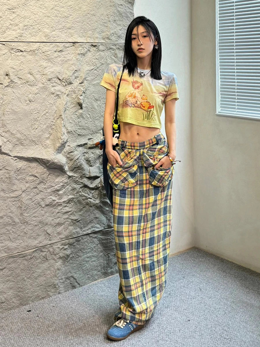 Aiertu  -  Tall Girl Checkered Maxi Long Skirt Women Contrast Straight Loose Big Pockets Cargo Skirt Casual Holiday Retro Clothes Aiertu
