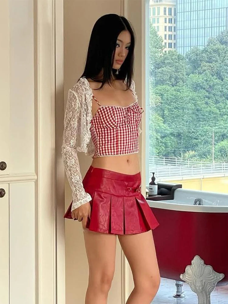 Aiertu  -  Hottie Plaid Print Camisole Irregular Edges Bow Midnight Street Sweet Versatile Skinny 2025 Summer Trend Daliy Mini Tops Aiertu
