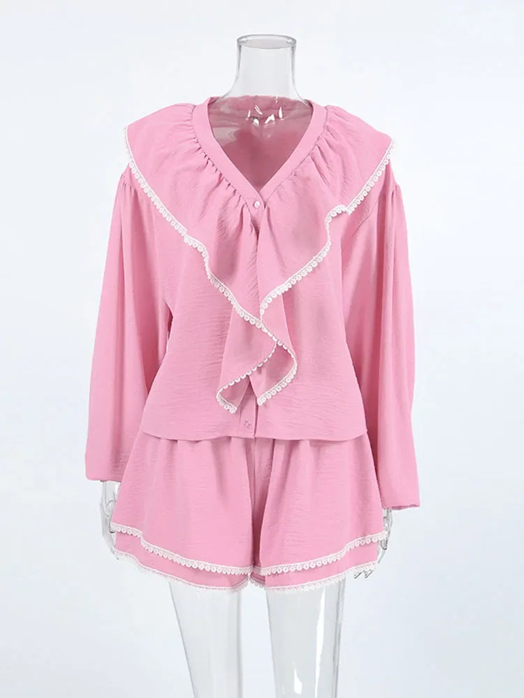 Aiertu  -  Lace Ruffled Tops Shorts Fashion Set Ladies Pajamas Home Clothes Fashion Long Sleeve Top Cotton Casual Matching Sets Fall Aiertu