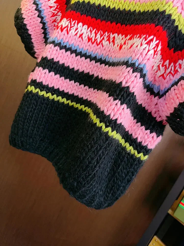 Aiertu  -  Multicolor Striped Handmade Jumper Sweet Rainbow Wool Blended Color Block Knit Tee Short Sweater Autumn/Winter Woman Knitwear Aiertu