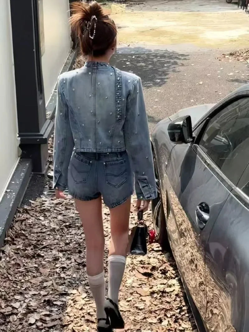 Aiertu  -  Heavy Bead Long Sleeved Short Jacket Jeans Faldas 2 Piece Sets Womens Outfits Wrap Hip Denim Skirts Mini Ropa Aiertu