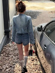 Aiertu  -  Heavy Bead Long Sleeved Short Jacket Jeans Faldas 2 Piece Sets Womens Outfits Wrap Hip Denim Skirts Mini Ropa Aiertu
