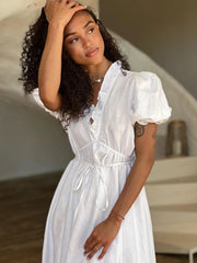Aiertu  -  Summer Loose White Cotton 2 Piece Sets Women Outfit Fashion Short Sleeve Shirt  High Waist Pleated Long Skirts Set Aiertu