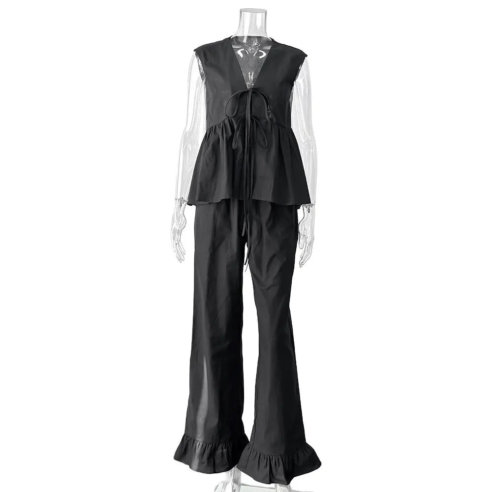 Aiertu  -  Black Elegant Summer Suits For Women New V Neck Lace-up Sleeveless Tank Top+Ruffle Trouser Fashion Casual Pants Sets 2 Piece Set Aiertu