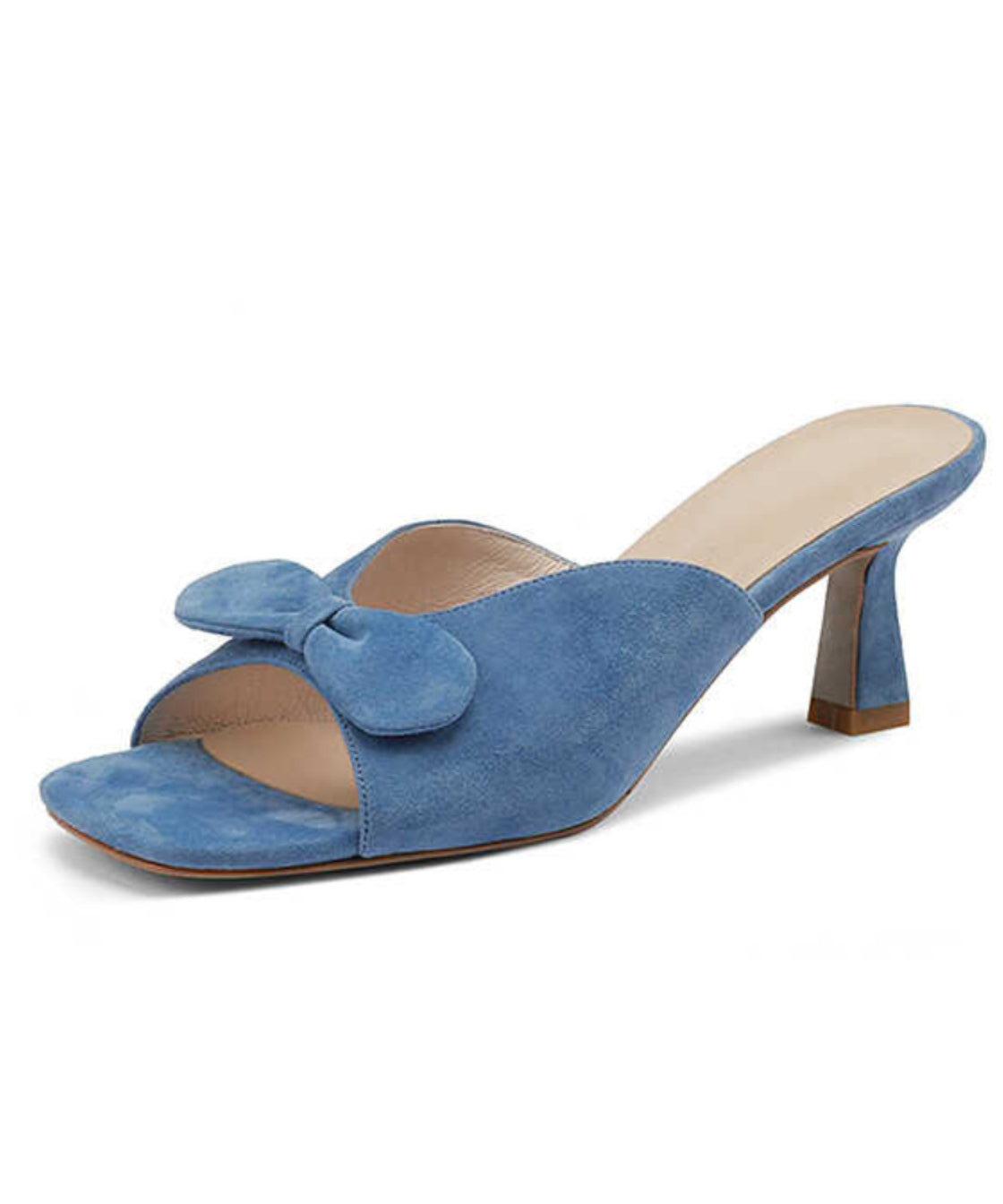 Aiertu  Stylish Splicing High Heel Blue Suede Slide Sandals Bow Peep Toe Aiertu