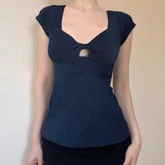 Aiertu  -  Chest Hollow Out Top Elegant Slim-fitting Short Sleeve T-shirt Summer Chic Basic Square Collar Tops Retro Streetwear Aiertu