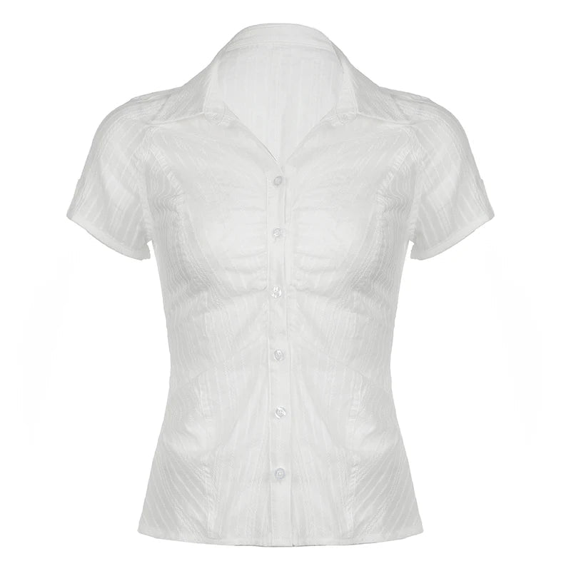 Aiertu  -  Fashion Chic Folds Summer Blouse Women Texture Stripe Buttons-Up Cardigan Shirt Korean French Tops Short Sleeve Basic Aiertu