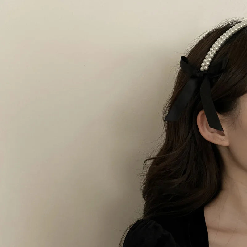 Aiertu Vintage French Pearls Bow Hair Band for Women Girls Autumn Winter Korean Elegant Black Classic Hair hoop Hair Jewelry Aiertu