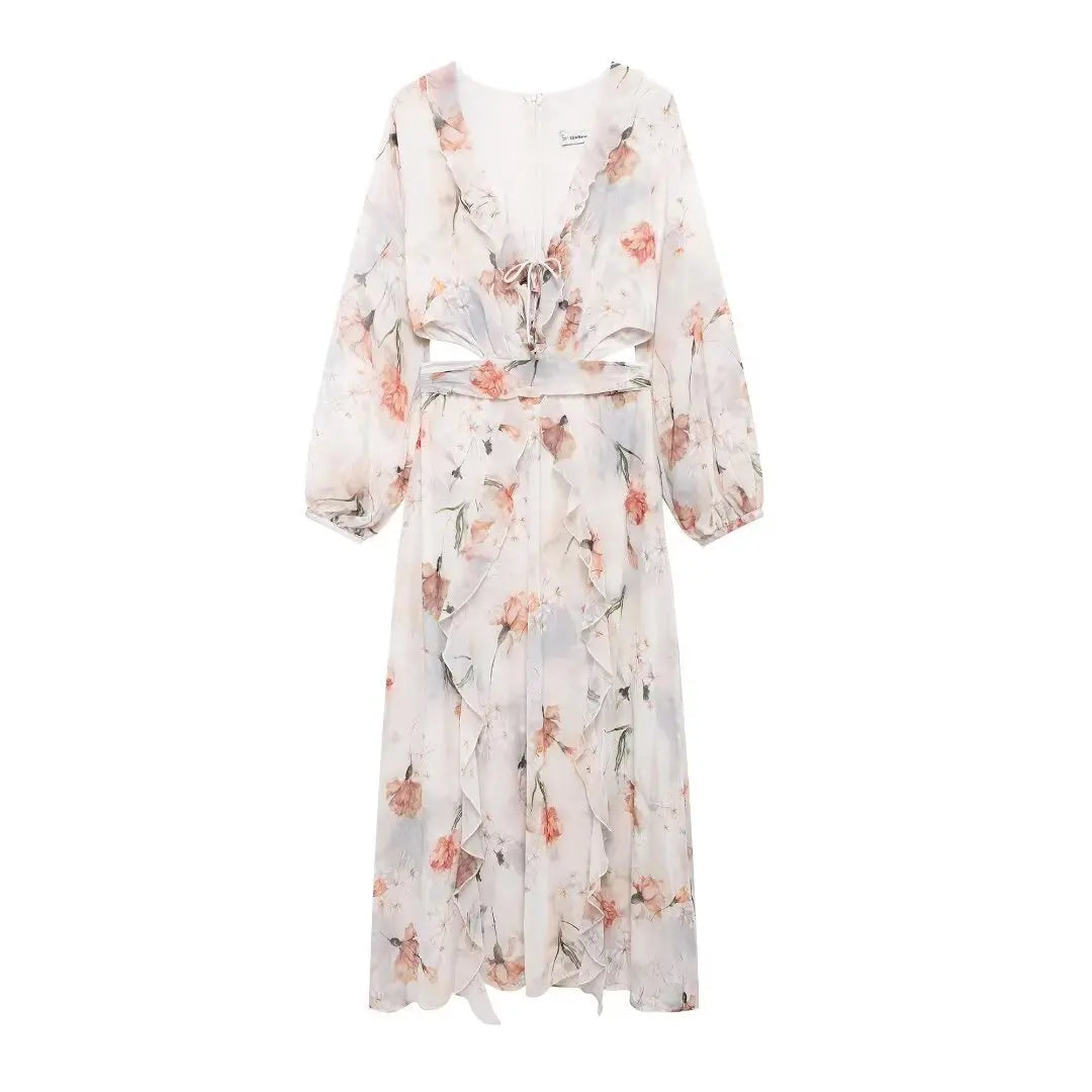 Aiertu  -  Autumn New Women's Fashion European And American Style Stacked Decorative Skirt Street Head Style Flower Printed Dress Aiertu