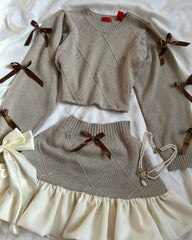 Aiertu  -  Y2K Knitted Splicing Two Piece Set for Women Harajuku Fashion Bow Long Sleeved Knitted Sweatshirt Mini Pleated Skirt Autumn Suit Aiertu