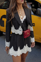 Aiertu  -Casual Street Stripe Lace Buttons Patchwork Turn-back Collar Long Sleeve Two Pieces aiertu
