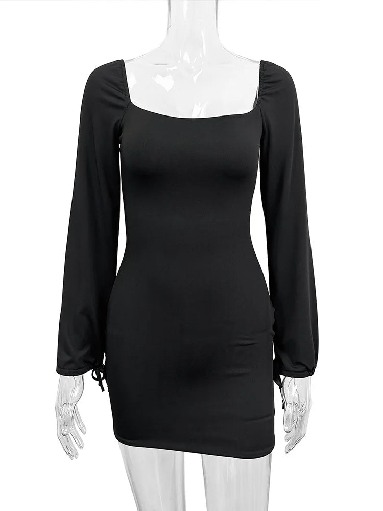 PICSGIRL - party look snspos Bodycon Dress for Women Fashion Vintage Sexy Dresses Solid Slim Long Sleeve Backless Lace Up Mini 2024 New Autumn Winter Dresses Aiertu