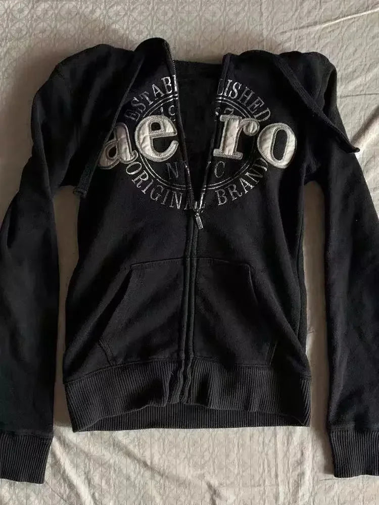 Aiertu  -  All Match Black Color Women Autumn Winter Coats Punk Y2k Aesthetic Letter Print Zipper Jackets American High Street Hoodies Aiertu