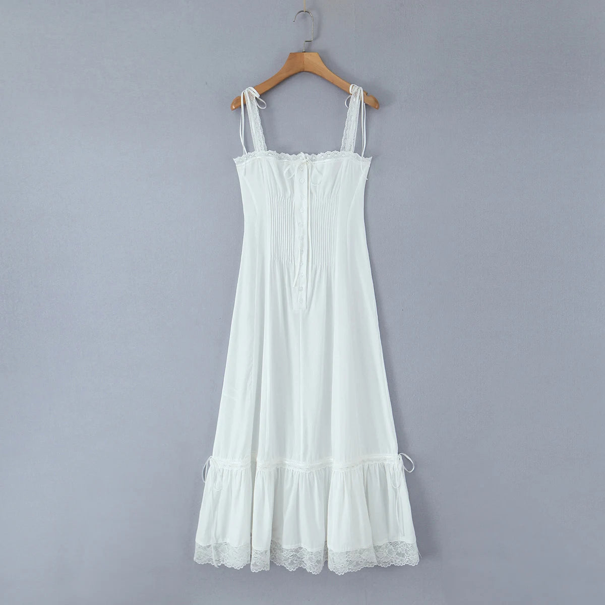 Aiertu  -  White Spliced Lace Slash Collar Corset Style Ruched Low Waist Midi Long Sling Dress Women Ribbon Swing Dresses Summer Robe Aiertu