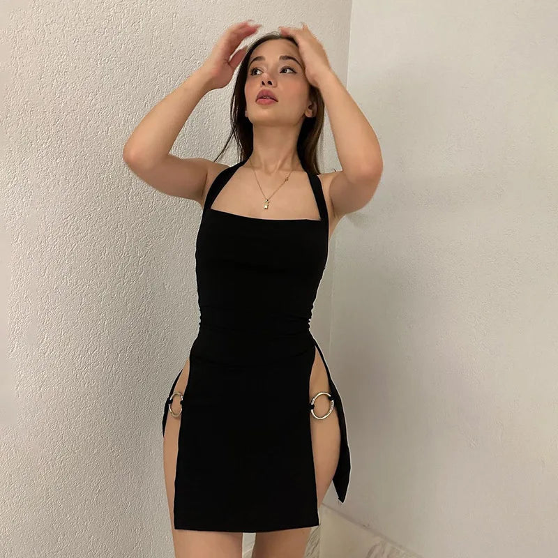 Aiertu Sexy Elegant A-line Mini Dress Women Sleeveless Backless Folds Bodycon Black Split Dress Party Aiertu