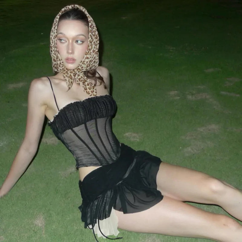 Aiertu  -  Summer 2 Piece Set for Woman Sexy Outfits Black Mesh Sheer Corset Top and Drawstring Pleated Mini Skirt Sets P94-EH32 Aiertu