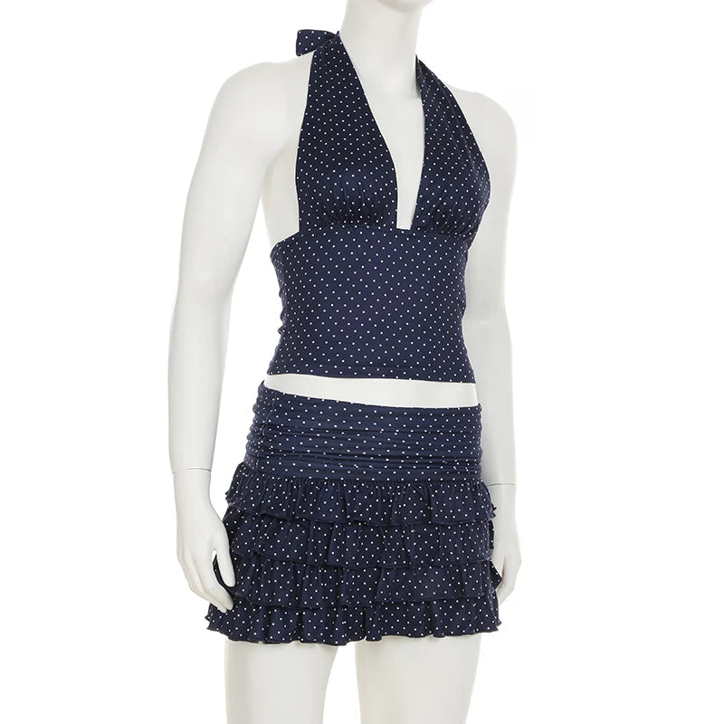 Aiertu  -  Holiday Sexy Dot Printed Dress Sets Women Beach Style Slim 2 Piece Sets Deep V-Neck Halter Tops Low-Waisted Mini Skirts Aiertu