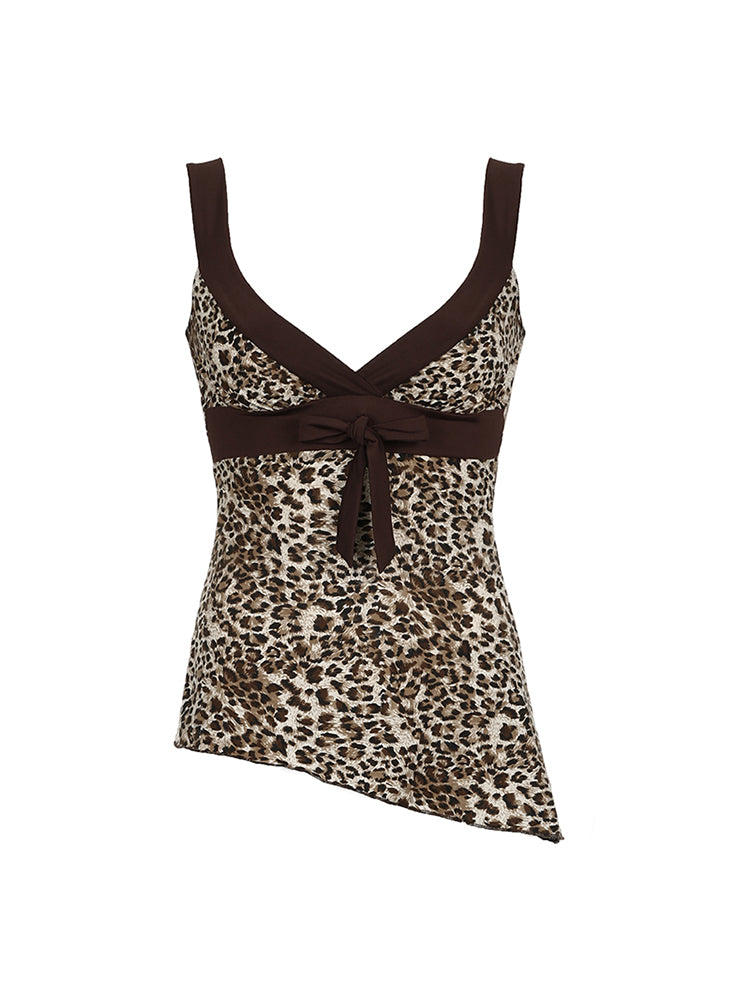 Aiertu - summer inspo Contrast Patchwork Leopard Print Slim Asymmetrical Tank Vest Female V Neck Y2K Summer Camisole Tops Aiertu