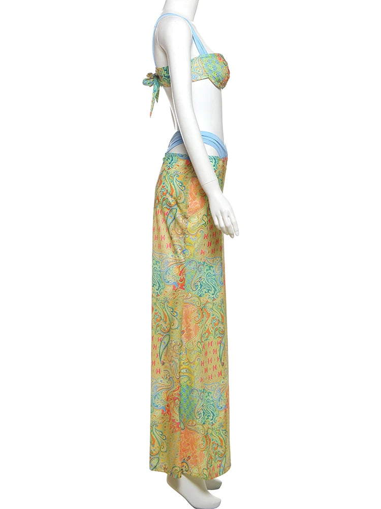 Aiertu  -  Aesthetic Women 3 Piece Set Summer New Printed Mini Camis+Underwear+Maxi Skirts Festival Holiday Mujer Fashion Outfits Aiertu