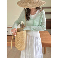 Aiertu Women Cropped Sun Proof Shirts White V Neck Long Sleeve Blouses Summer Korean Fashion Black Sun Protection Cardigan Tops Aiertu