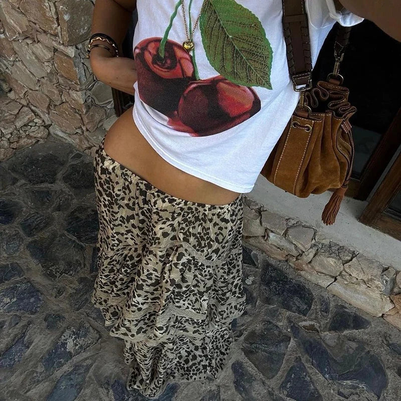 Aiertu  -  Summer New Leopard Printed Maxi Skirt Women's Ruffled Patchwork Fashion Loose High Waist Bandage Female Club Party Skirt Aiertu