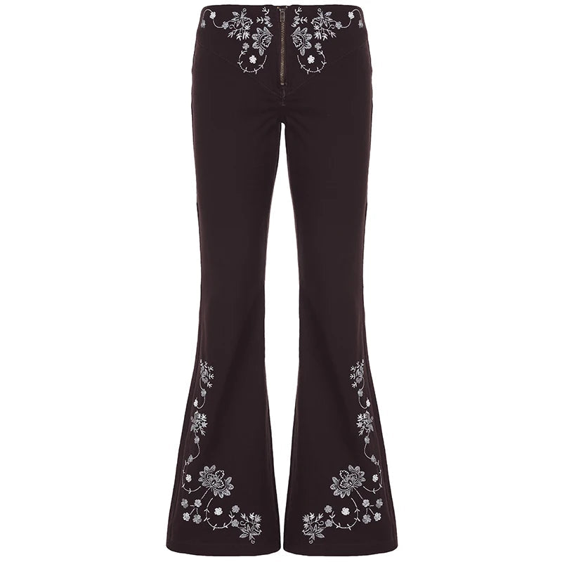 Aiertu  -  Vintage Brown Plant Embroidery Flare Jeans Y2K Women Aesthetic Low Waisted Zipper Denim Trousers Slim Boot Cut Pants Aiertu
