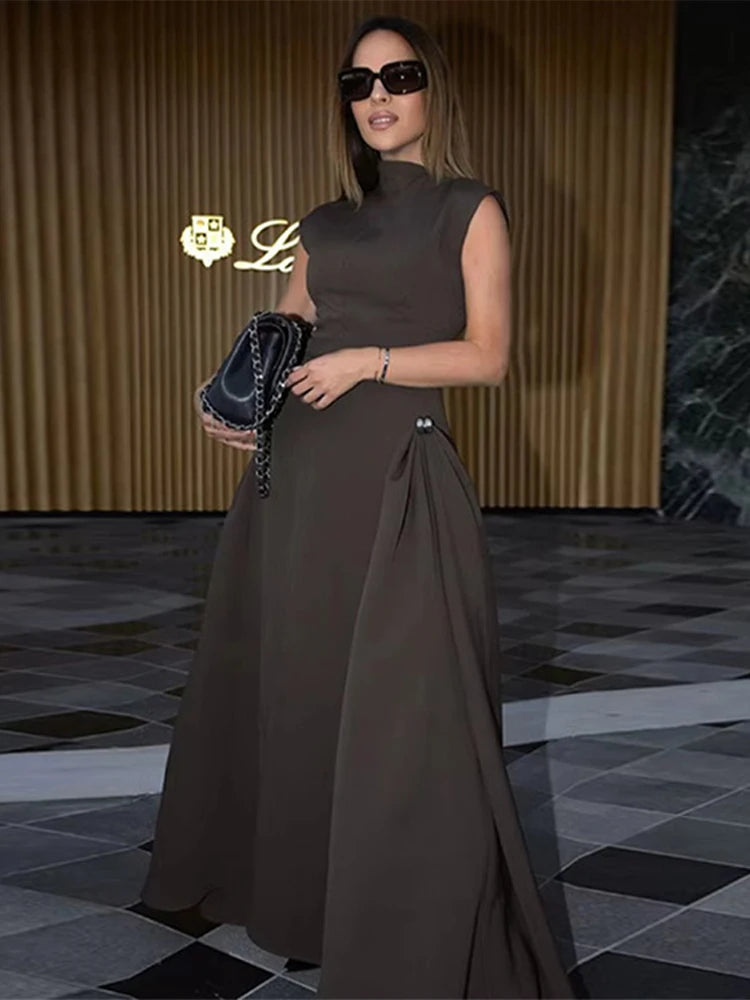 Aiertu  -  Elegant Women Slanted Collar Pleated Long Dress Solid Sleeveless Slim High Waist Loose Hem Dresses 2025 Lady Evening Party Robes Aiertu