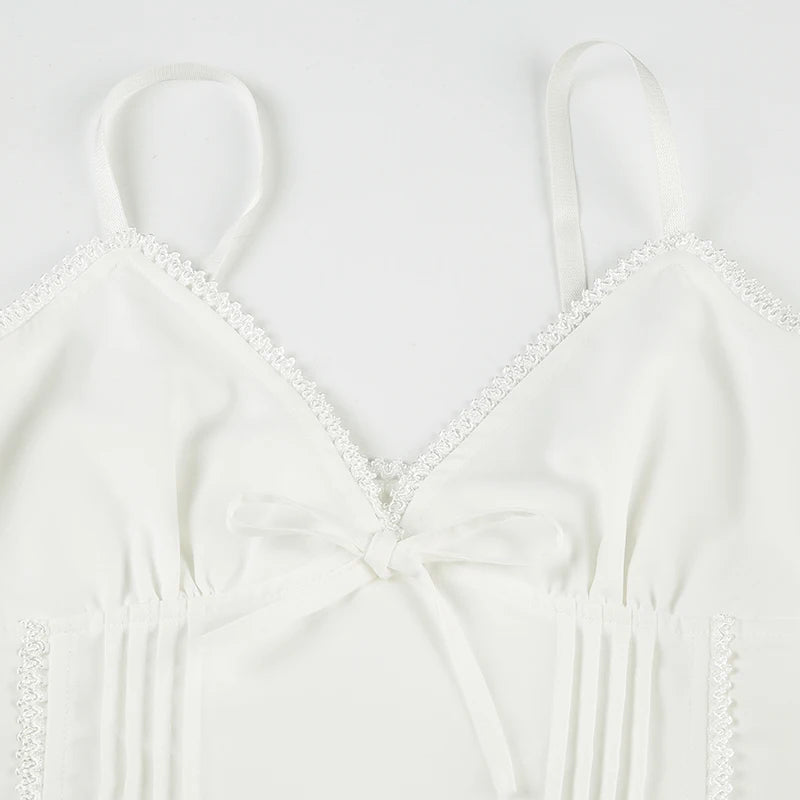 Aiertu  -  Solid Fold Texture Bow Sexy Camisole Deep V-neck Casual Streetwear All-match White Summer Top Chic Vintage Vest Aiertu