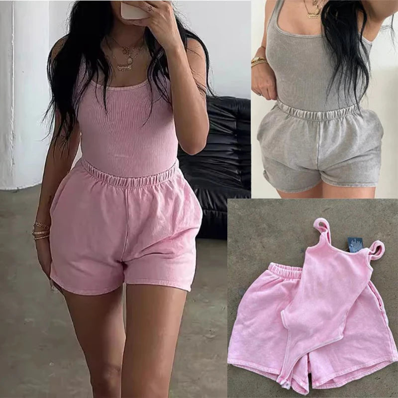 Aiertu  -  Women's Fashion Jumpsuit Set Leisure Solid Color Holiday Home Sexy Sleeveless Camisole Rompers+Shorts Tracksuit Y2k Outfits Aiertu