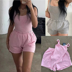 Aiertu  -  Women's Fashion Jumpsuit Set Leisure Solid Color Holiday Home Sexy Sleeveless Camisole Rompers+Shorts Tracksuit Y2k Outfits Aiertu