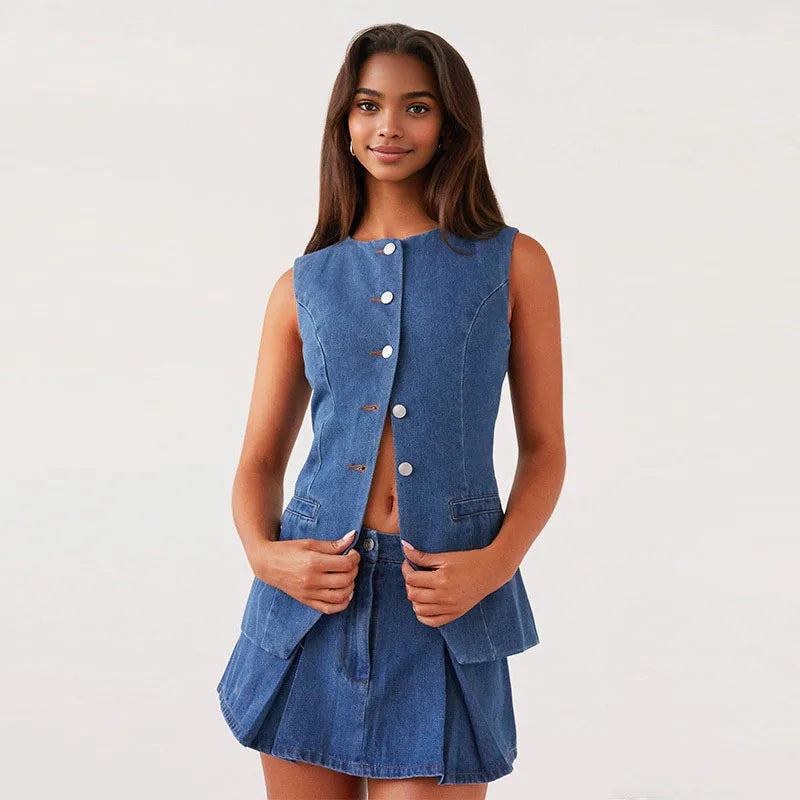 Aiertu  -  2025 Spring New Denim Mini Pleated Skirt Sets For Women Single Breasted Tank Tops Y2K Short Skirt 2 Pieces Sets Lady Chic Outfit Aiertu