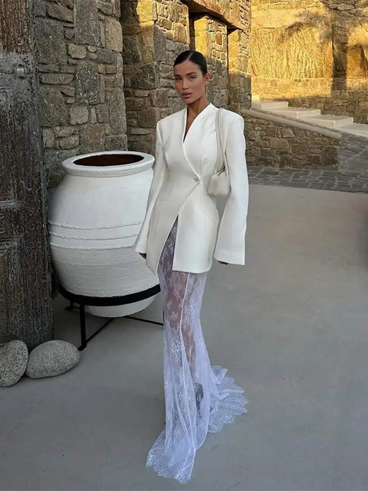 Aiertu  -  Chic Luxury White V Neck Suit Jacket Women Elegant Retract Waist Long Sleeves Office Coat Autumn Lady High Street Outerwear Aiertu