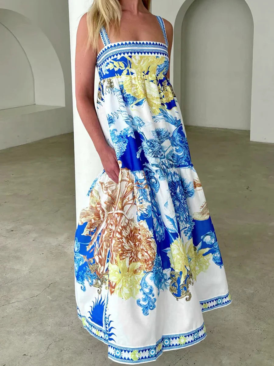Aiertu  -  Women s Boho Maxi Dress Floral Print Sleeveless V-Neck Backless Tie-Dye Beach Dress Summer Casual Long Dress Fashion Aiertu