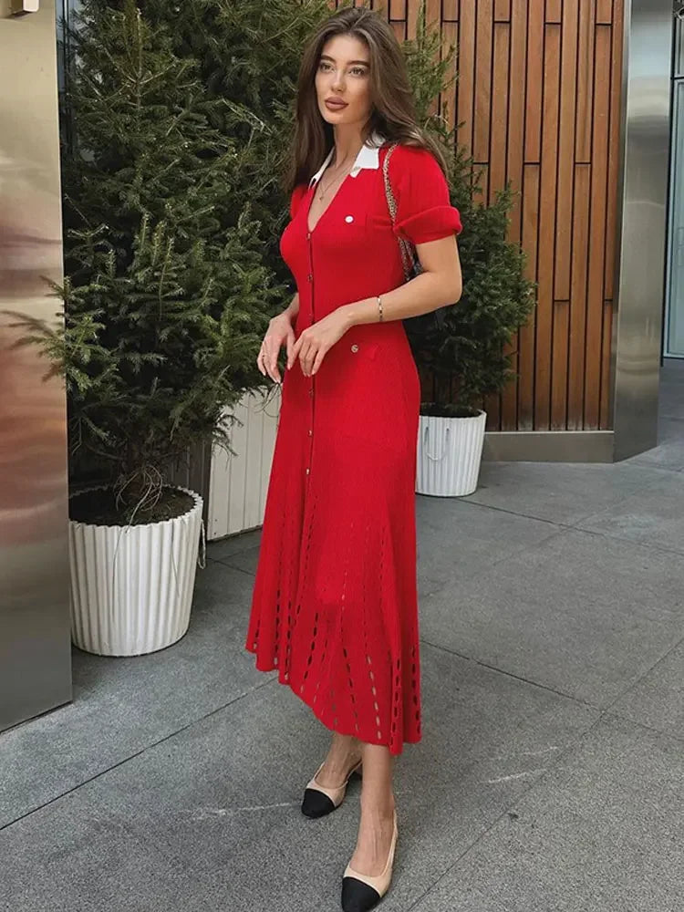 Aiertu  -  Fashion Women Contrasting Lapel Single Breasted Knitted Midi Dress Elegant V Neck Puff Short Sleeve Slim Dresses Chic Lady Robes Aiertu
