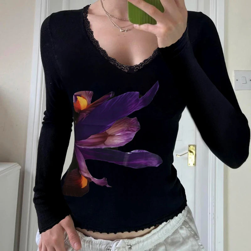 Aiertu  -   Y2K Long Sleeve T-shirt Floral Print Elegant Women Fitted Cropped Top Spring Fashion Vintage Street Tee Shirt Outfits Aiertu