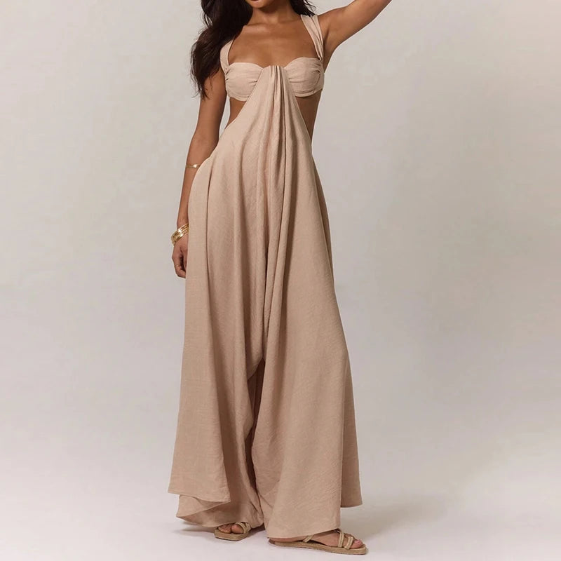 Aiertu  -  Women Elegant Hollow Backless Solid Color Long Romper Sexy Off Shoulder Party Jumpsuit Casual Sleeveless Wide Leg Loose Playsuit Aiertu