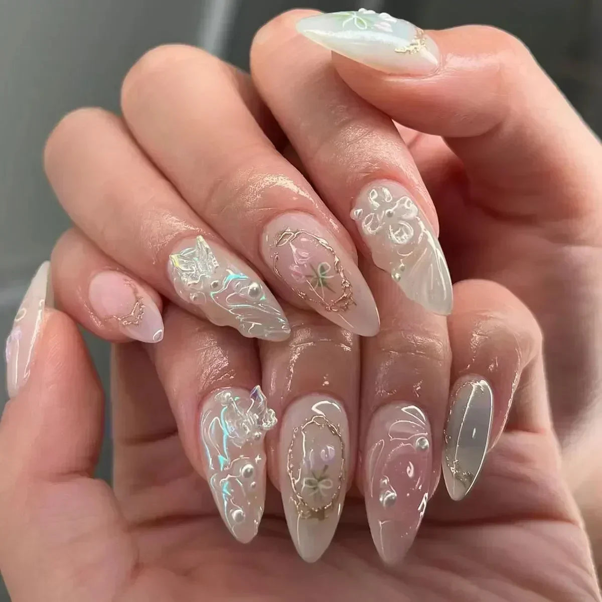 Aiertu 24Pcs Pink Almond French Press on Nails With 3D Bow ripple charms Design Fake Nails Ballerina False Nails Full Cover Nail Tips Aiertu