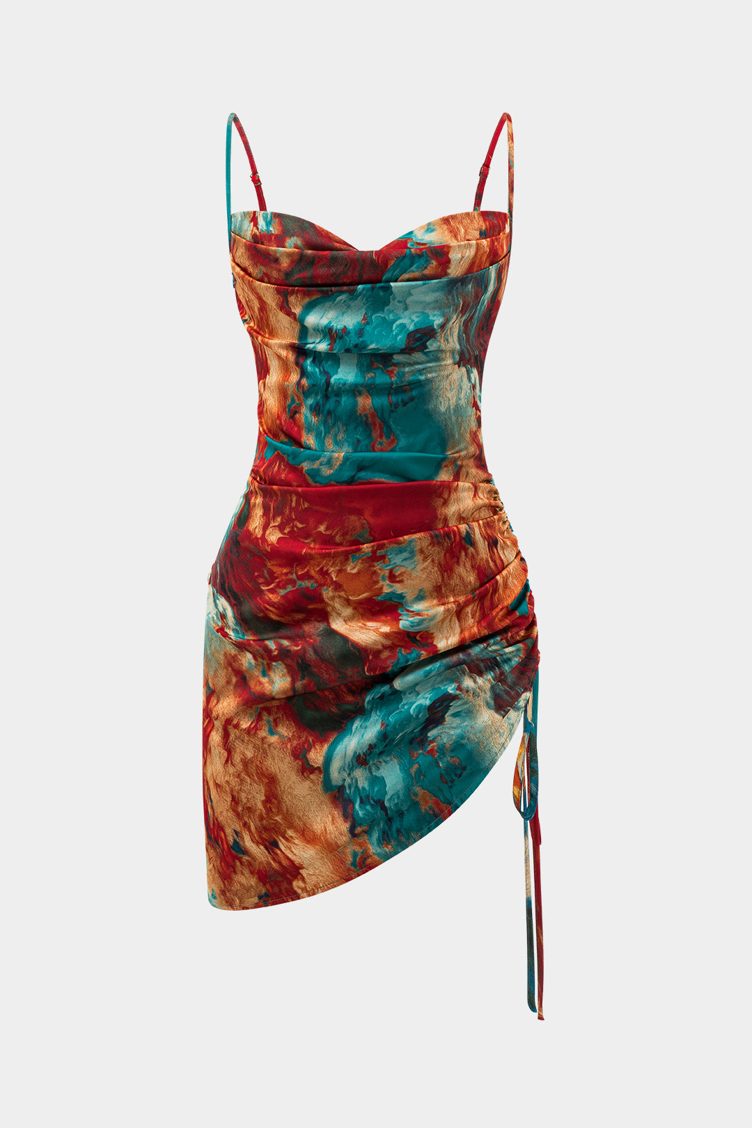 Aiertu  Watercolor Print Satin Ruched Drawstring Slip Mini Dress Aiertu