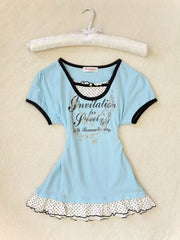 Aiertu  -  Aesthetic T Shirts Women Clothes Polka Dot Lace Tees Harajuku Short sleeve Casual 2000s Graphic Top Femme Kawaii Korea Tee shirt Aiertu