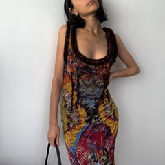 Aiertu  Sexy Backless Hollow Out Sleeveless Maxi Dresses Vintage Oil Painting Print Bodycon Dress Aesthetic Party Slim Vestidos Aiertu